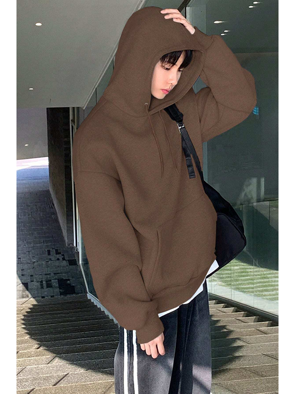 Kahverengi Erkek Sweatshirt Kanguru Cepli İçi Polarlı 3 İplik Kapüşonlu Oversize Sweatshirt KANGU-3