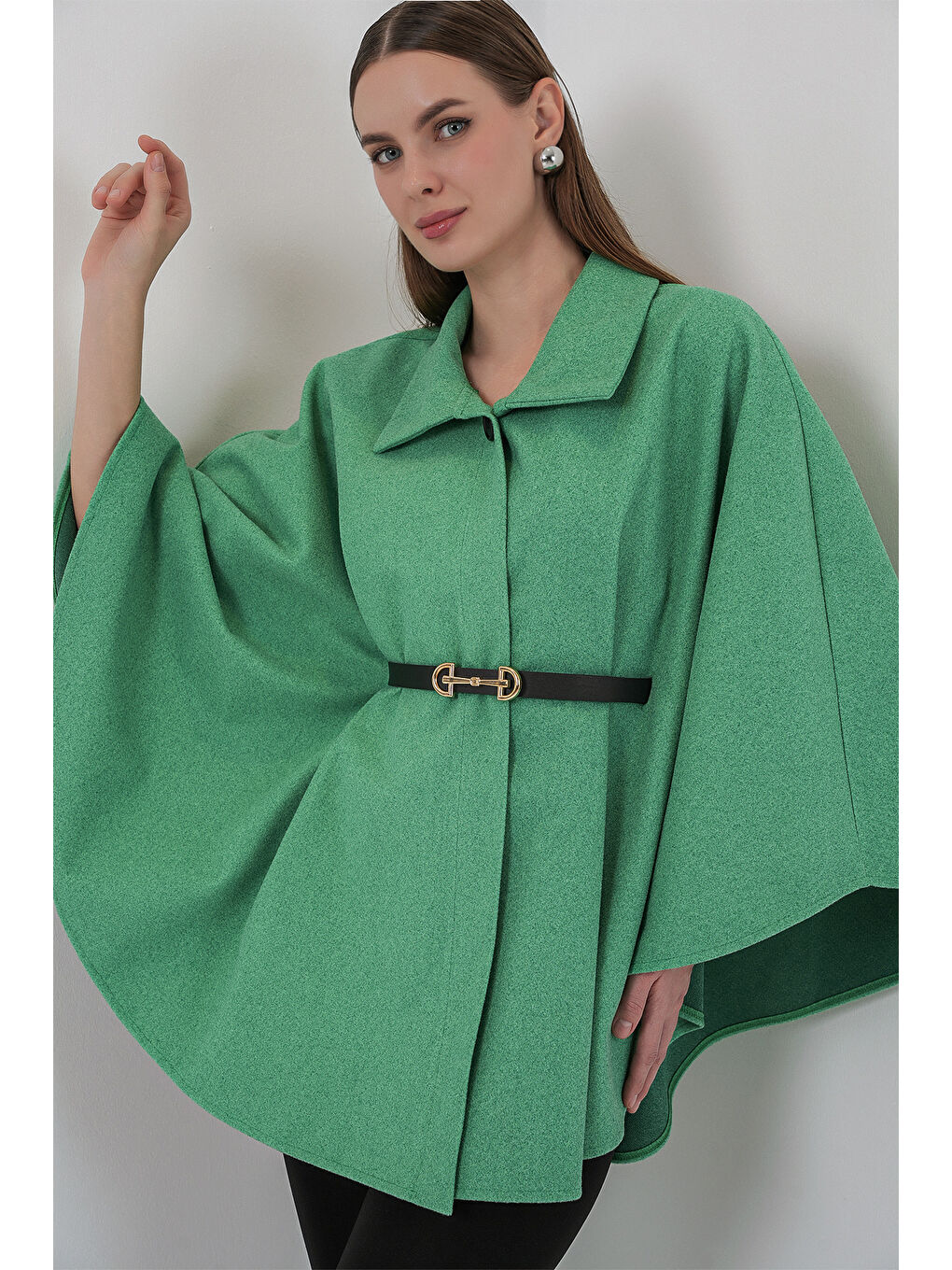 Kadın Kemerli Kaşe Panço 9170 - Yeşil-2