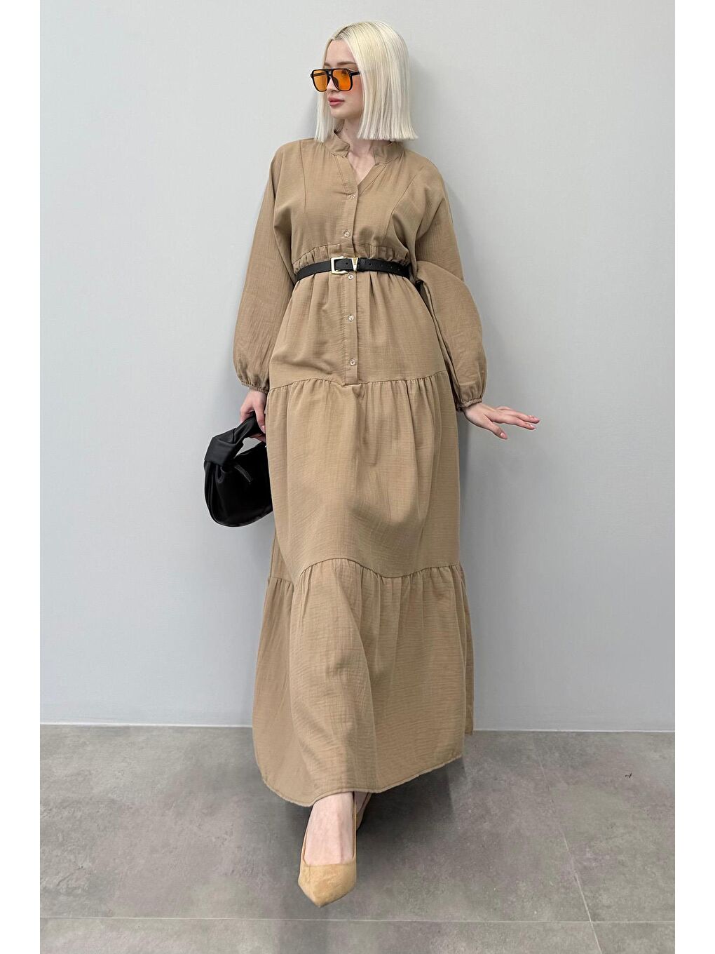 Bej Vizon Uzun Kollu Düğmeli Elbise Mg2433-3