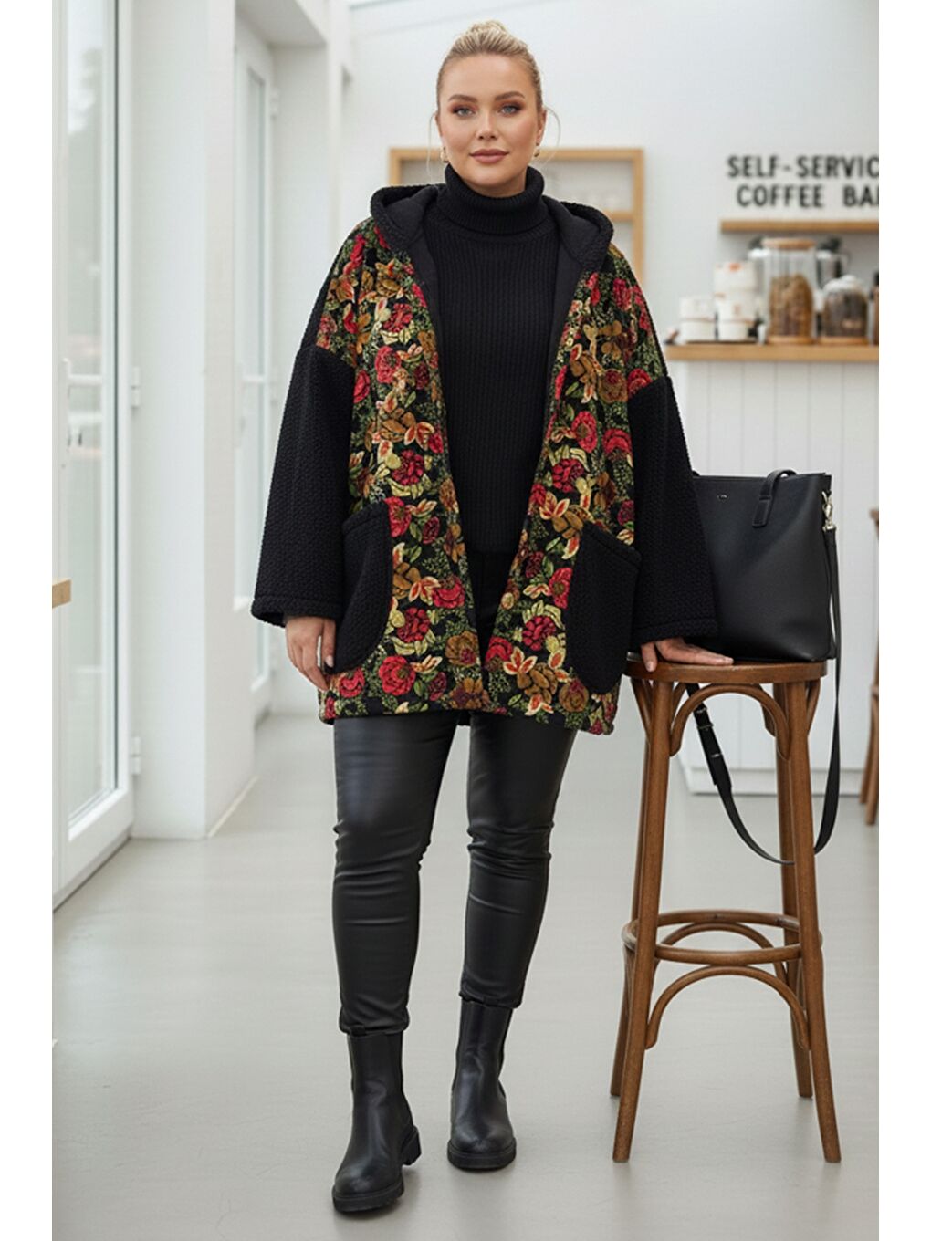 İtalyan Büyük Beden Siyah Uzun Kol Cepli Kapüşonlu Casual Buklet Oversize Dokuma Ceket 78 70-1