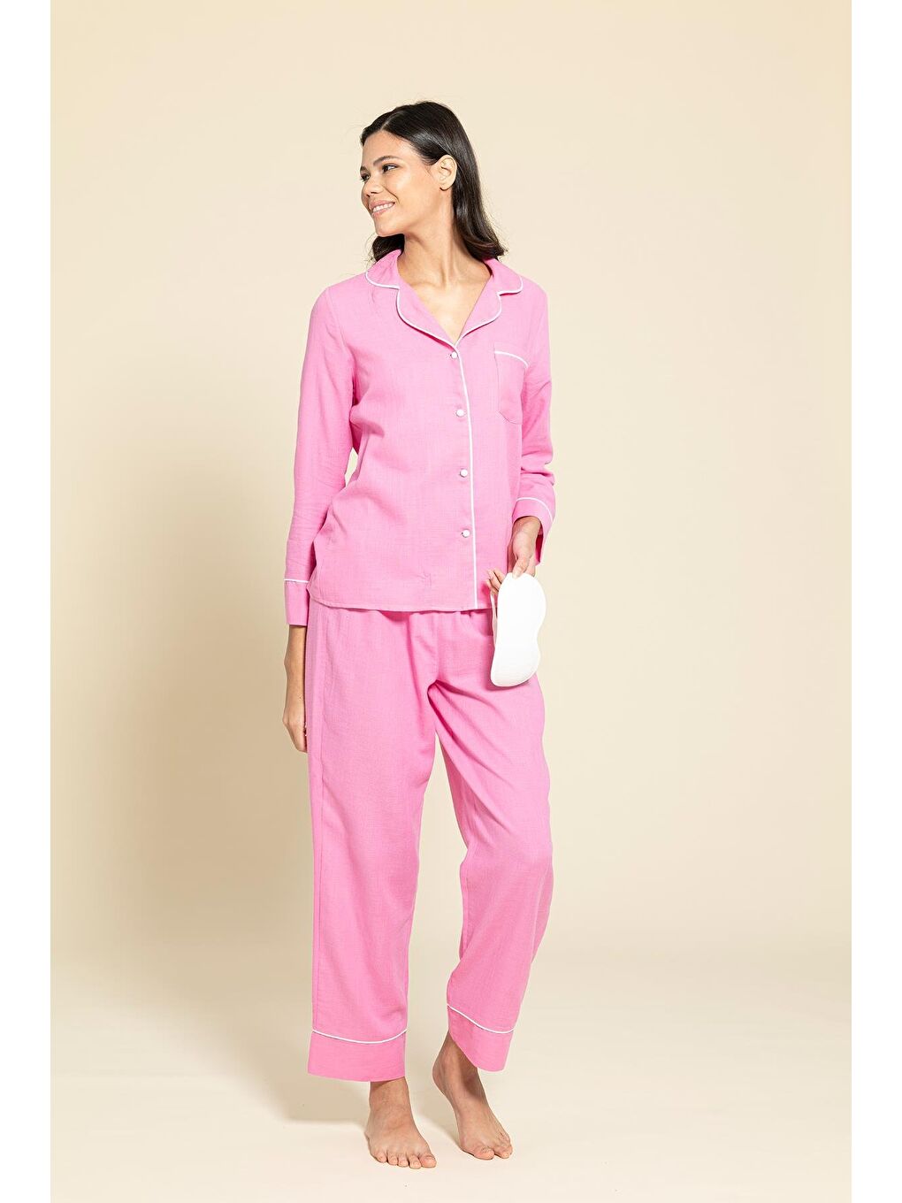 3'Lü Organik Beyaz Biyeli Pembe Pijama Takımı-2