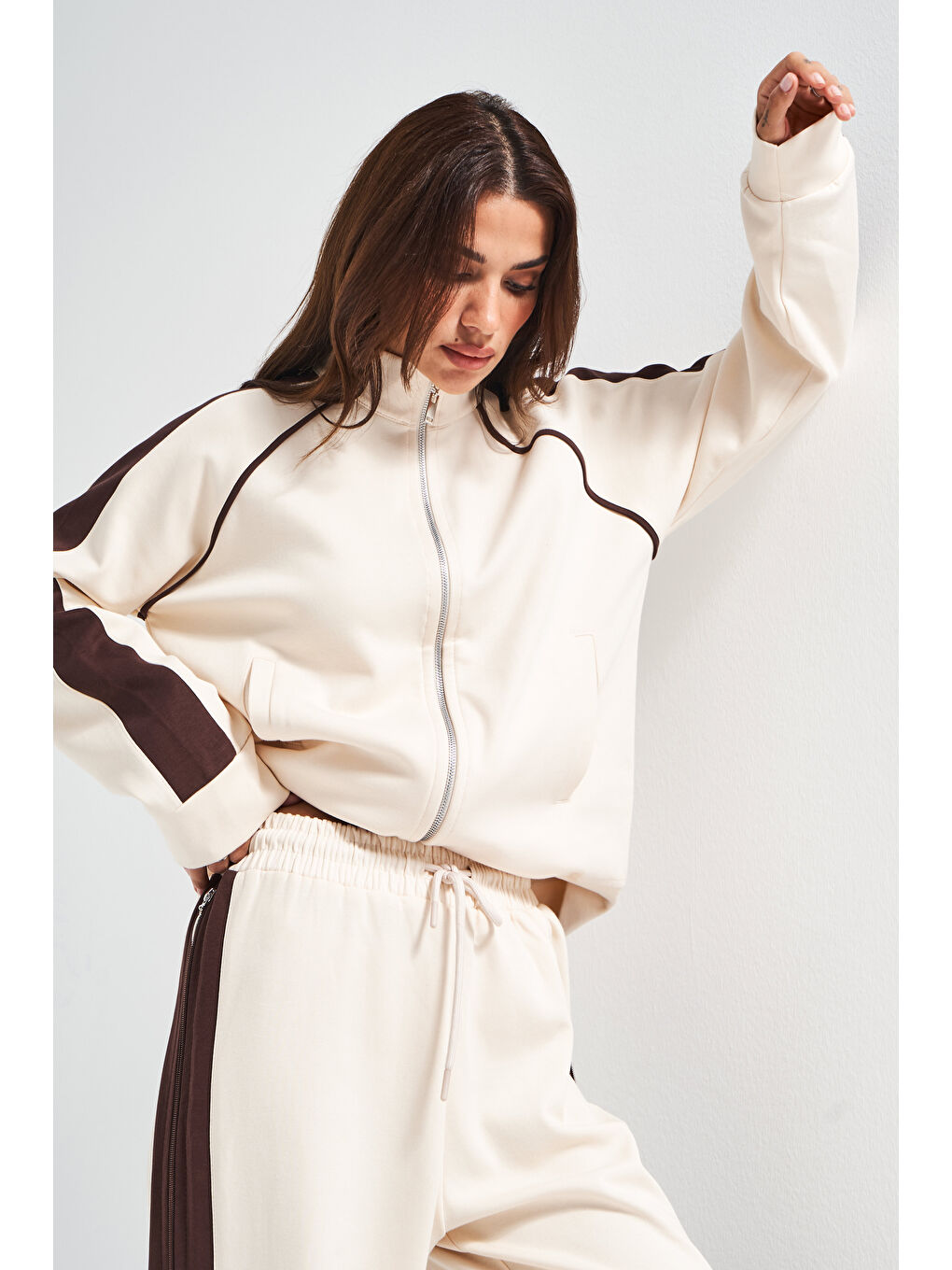 Kadın Ekru Renk w5-101 Örme Kumaş Sweatshirt Polar Alt Eşofman 2'li Kombin Tasarım Takım-3