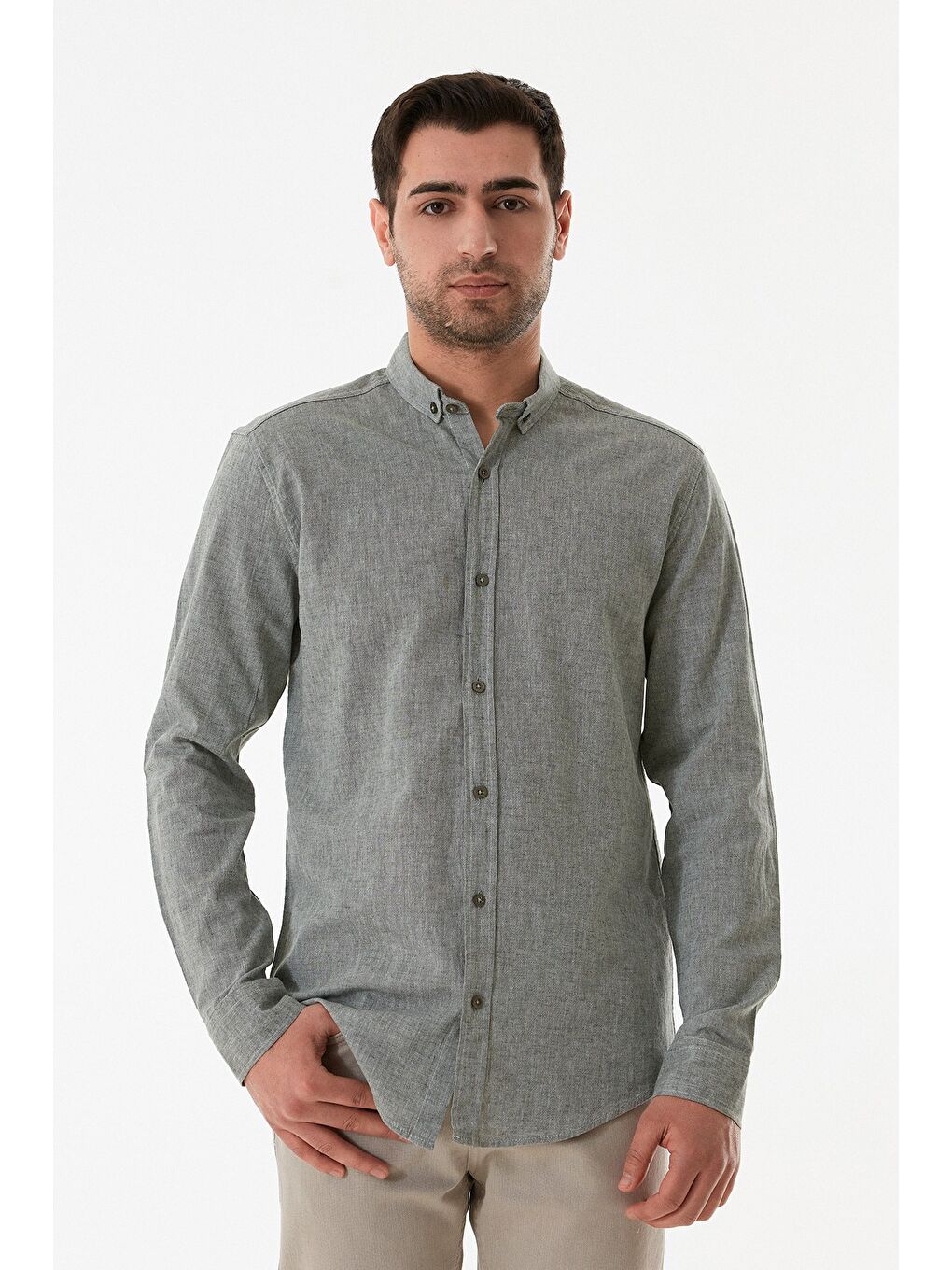 Haki Basic Düğmeli Keten Gömlek