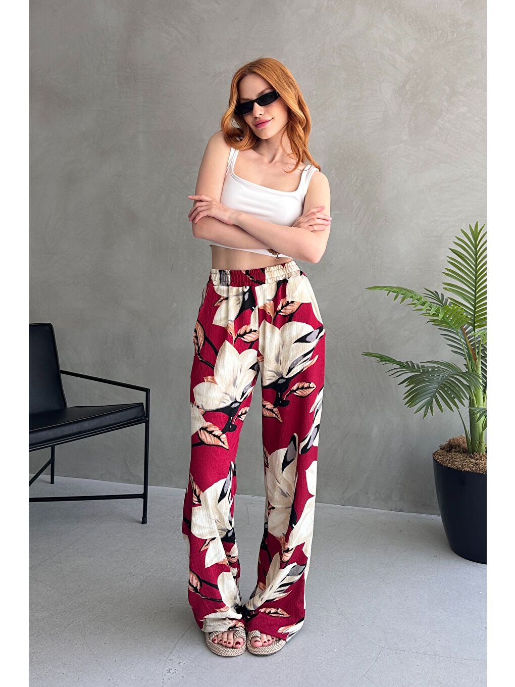 Çiçek Desenli Bol Pantolon Bordo - 27237-1