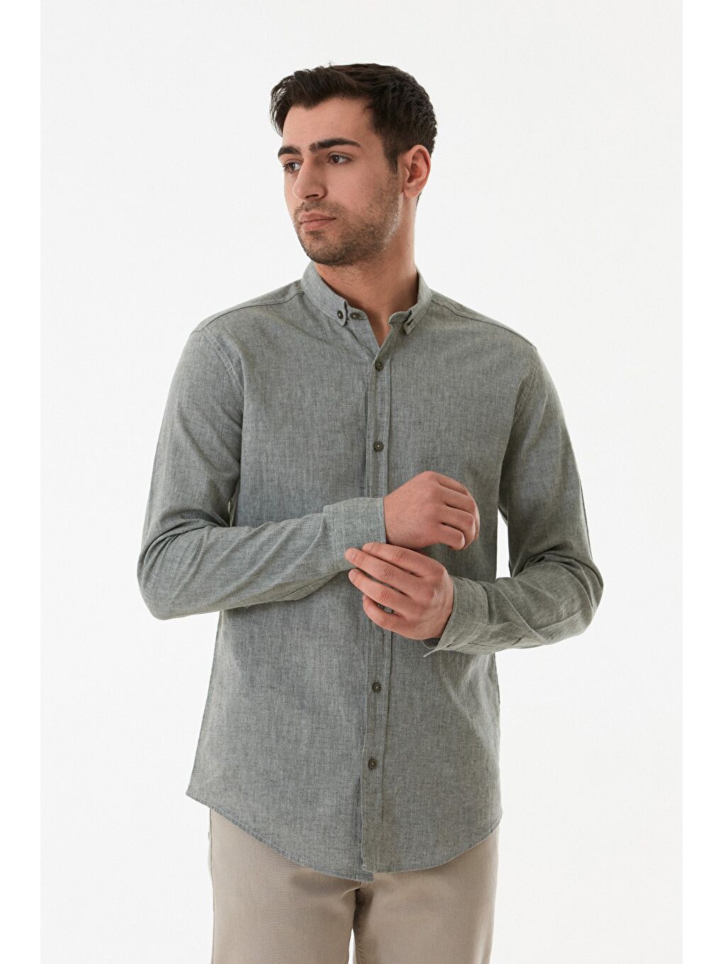 Haki Basic Düğmeli Keten Gömlek-1
