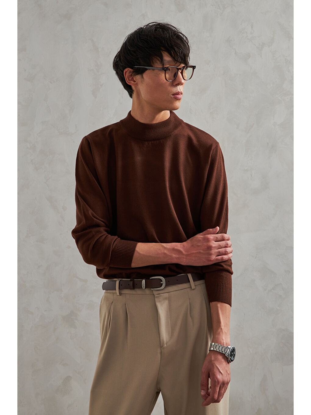 Kahverengi Erkek Yarım Balıkçı Oversize Basıc Triko Kazak-1