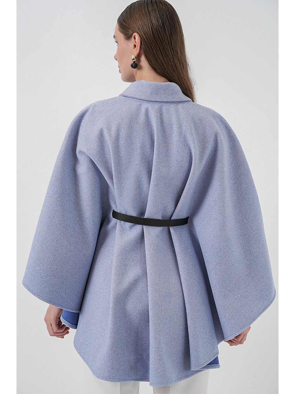 Kadın Kemerli Kaşe Panço 9170 - Mavi-5