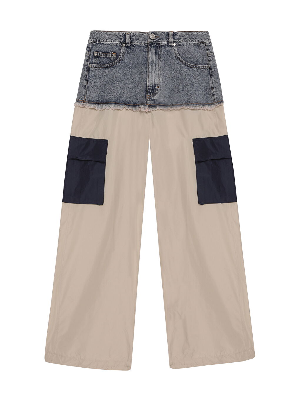 Denim Detaylı Cepli Paraşüt Pantolon Mavi