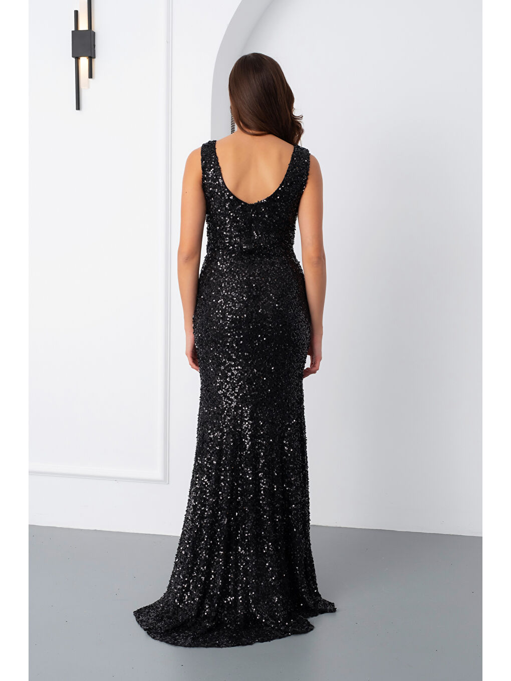 Kadın Siyah V Yaka Pul Payet Uzun Abiye Elbise-5