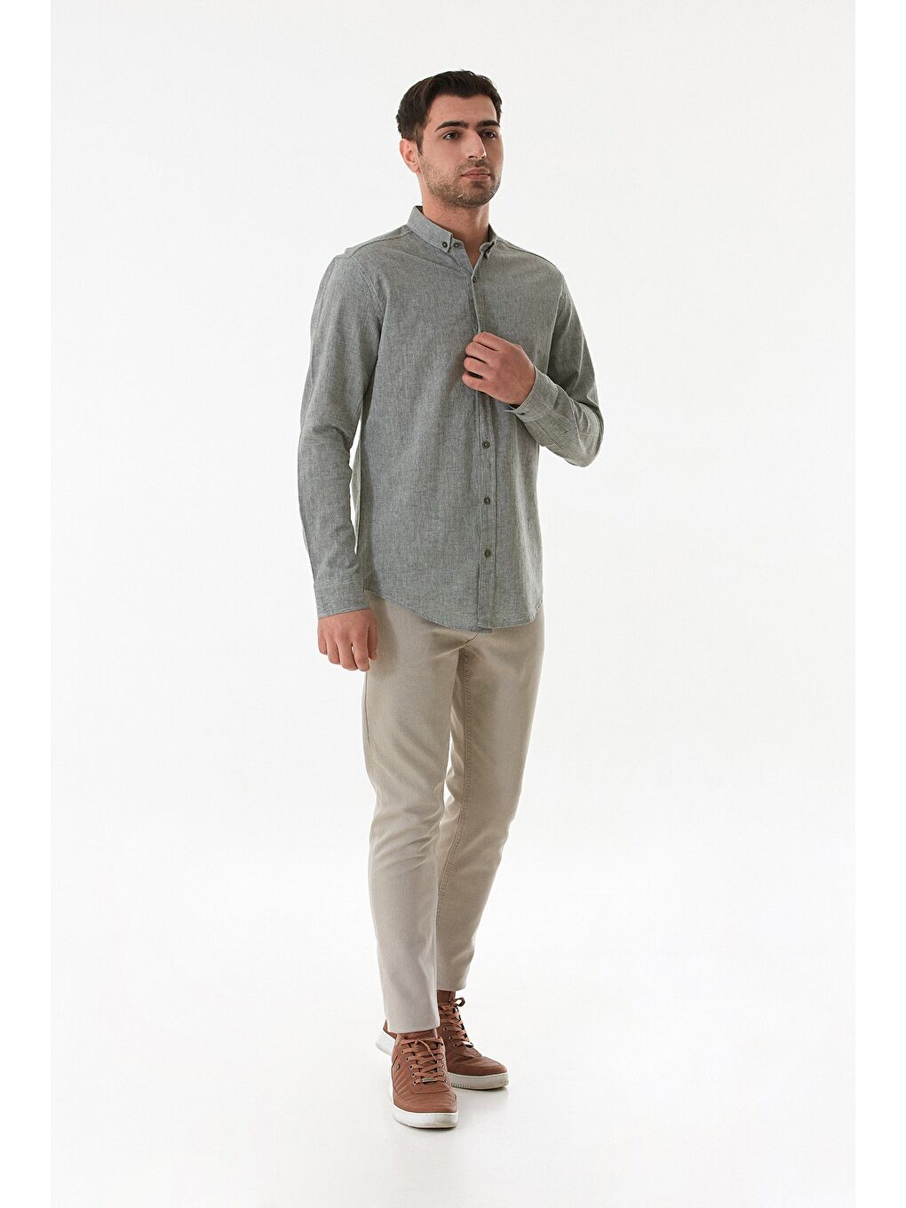 Haki Basic Düğmeli Keten Gömlek-3