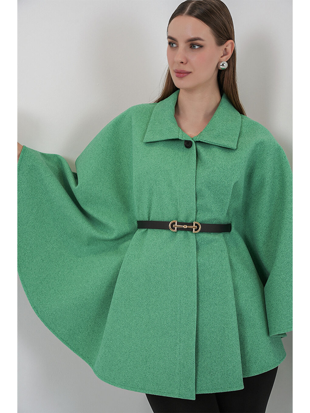Kadın Kemerli Kaşe Panço 9170 - Yeşil-3