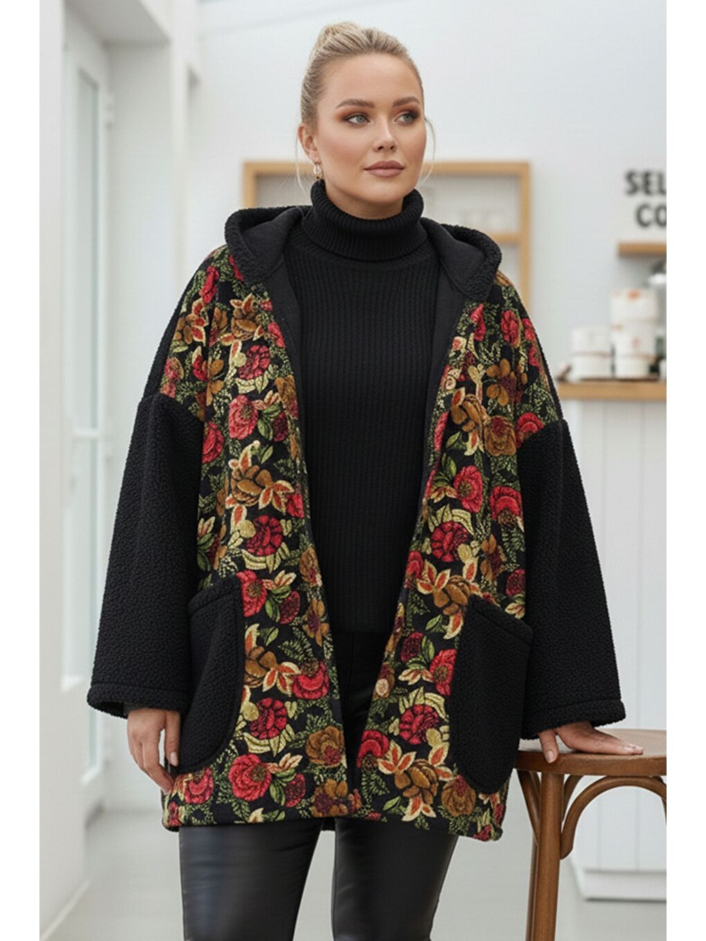 İtalyan Büyük Beden Siyah Uzun Kol Cepli Kapüşonlu Casual Buklet Oversize Dokuma Ceket 78 70-2