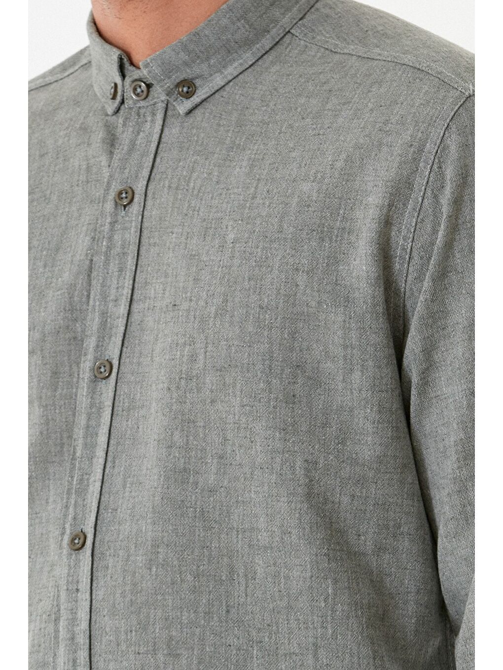 Haki Basic Düğmeli Keten Gömlek-4