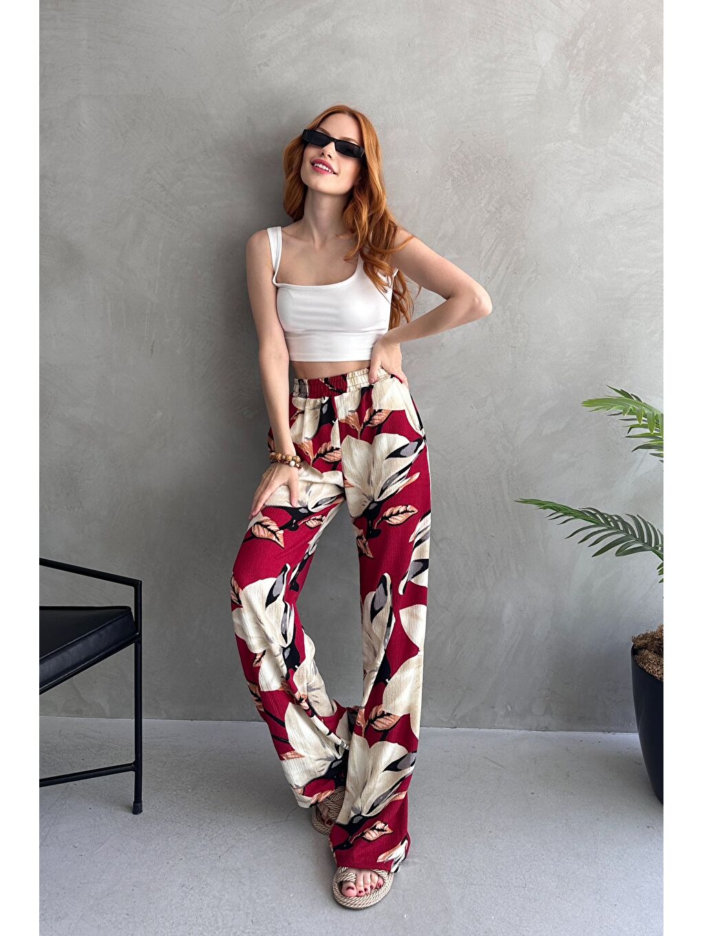 Çiçek Desenli Bol Pantolon Bordo - 27237-2