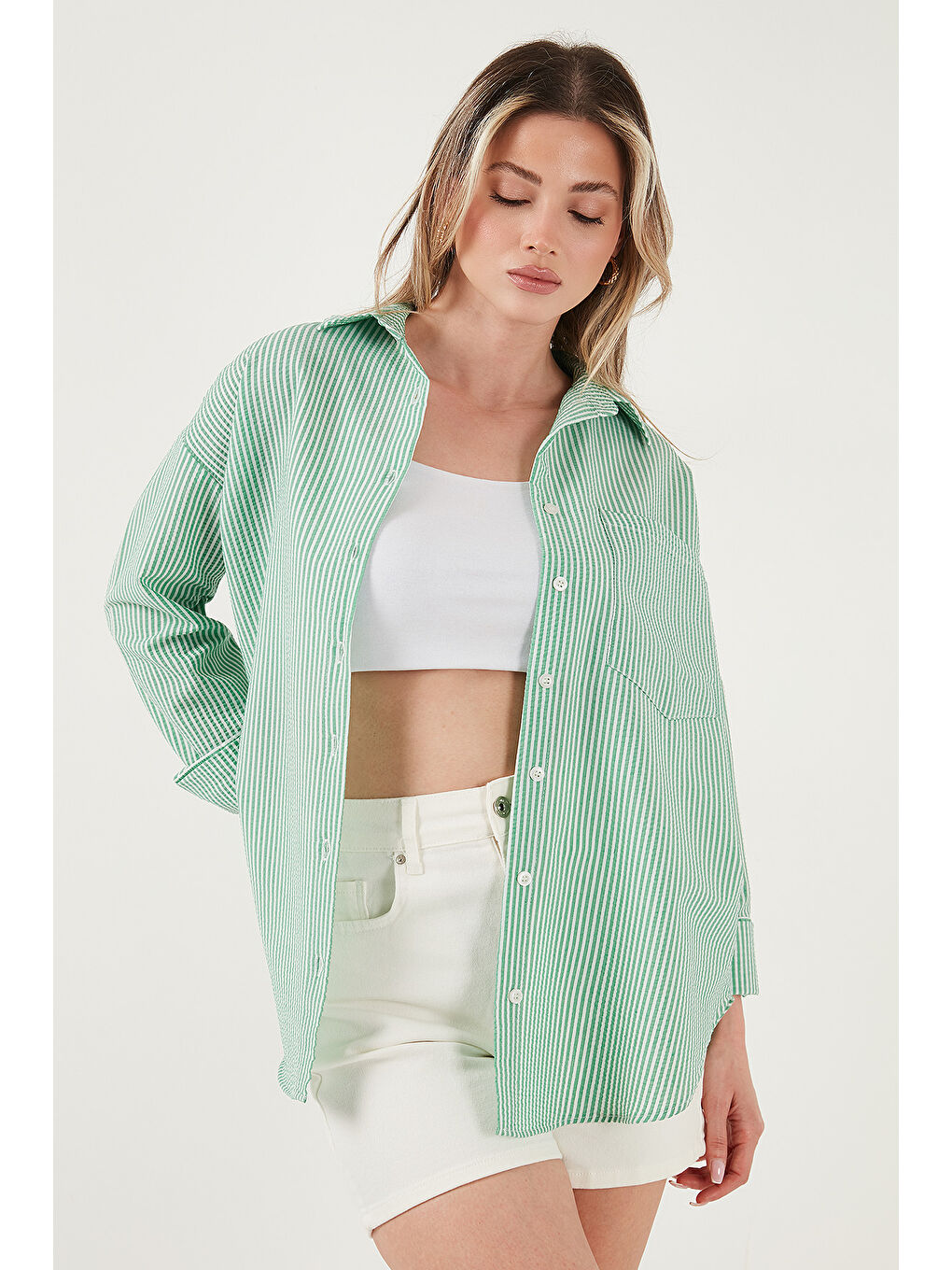 Yeşil Regular Fit Uzun Kollu Cepli Çizgili Kadın Gömlek 6772895-4