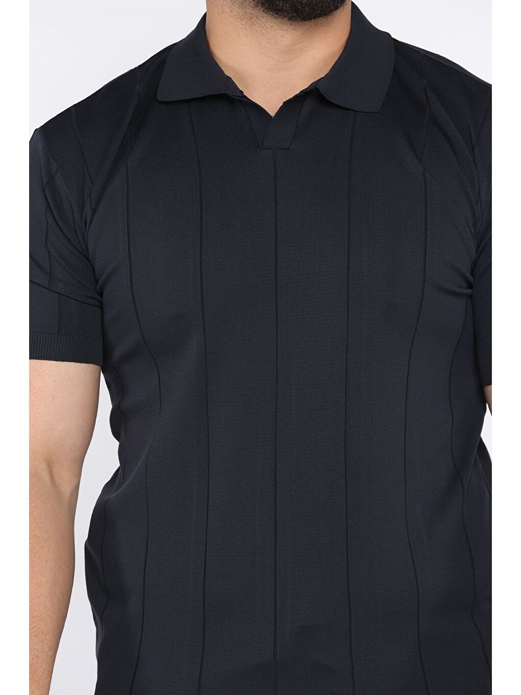 Lacivert Erkek Polo Yaka Kendinden Çizgi Desenli Tişört-3