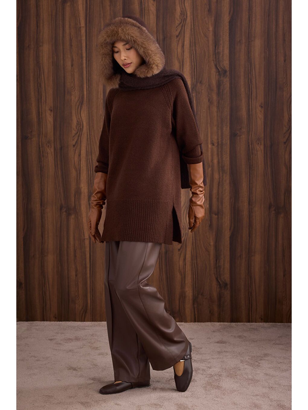 Kahverengi Balıkçı Yaka Basic Kazak Kahve-3