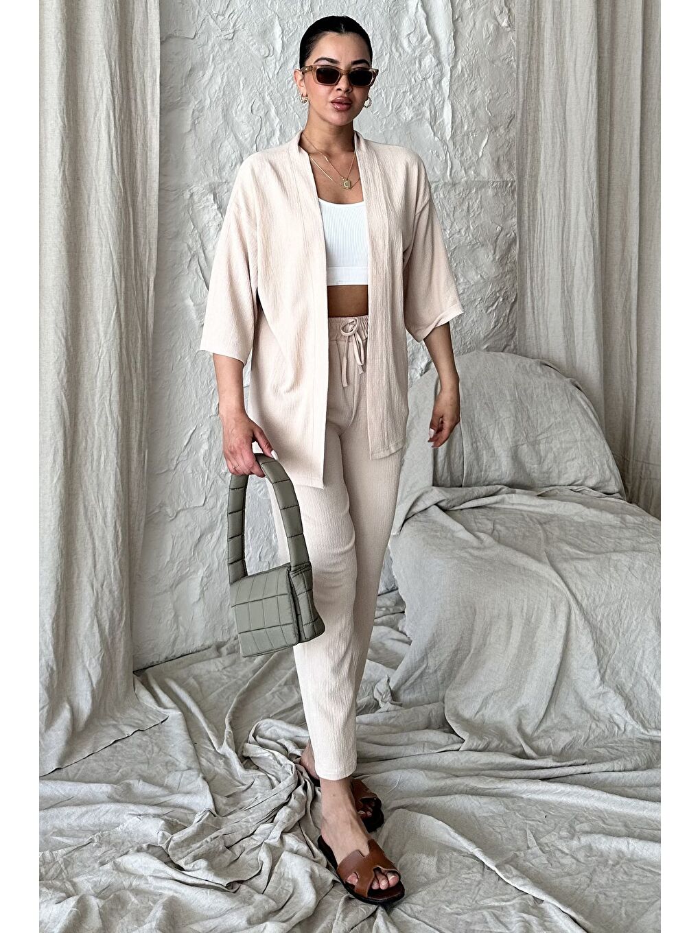Kadın Bej Kimono Alt Üst Havuç Pantolon Takım