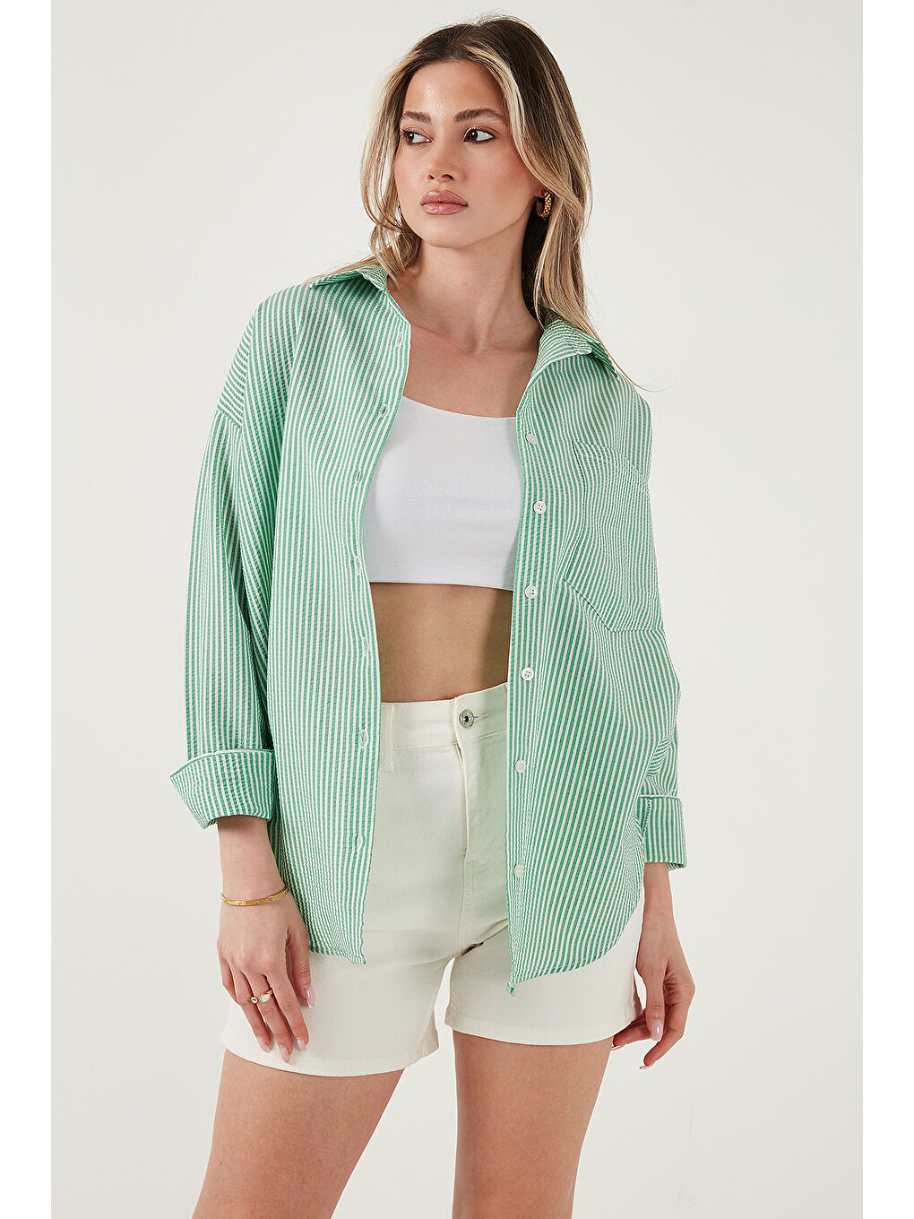 Yeşil Regular Fit Uzun Kollu Cepli Çizgili Kadın Gömlek 6772895-5