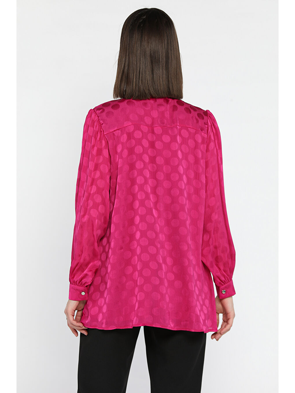 Fuşya Ön Pile Detaylı Kravat Yaka Puanlı Kadın Astarlı Bluz-2