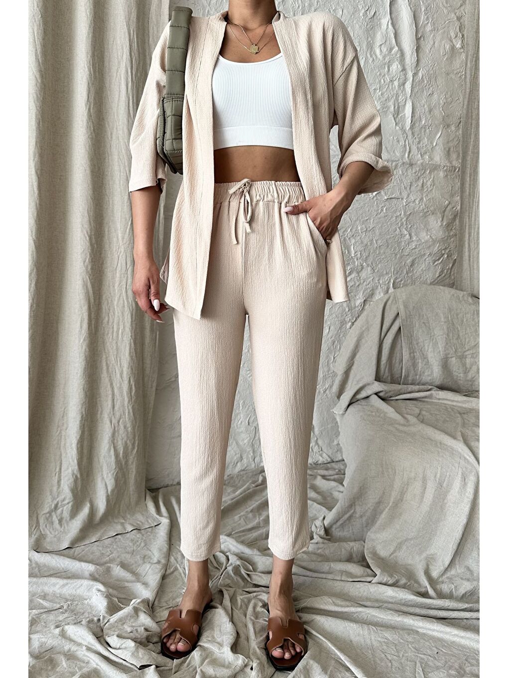 Kadın Bej Kimono Alt Üst Havuç Pantolon Takım-1