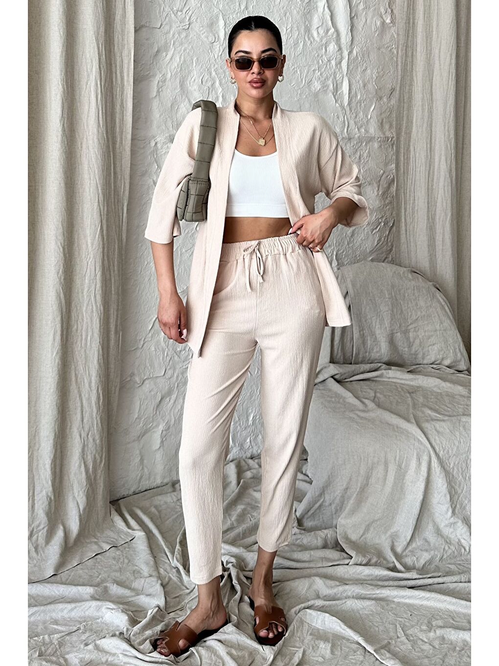 Kadın Bej Kimono Alt Üst Havuç Pantolon Takım-2
