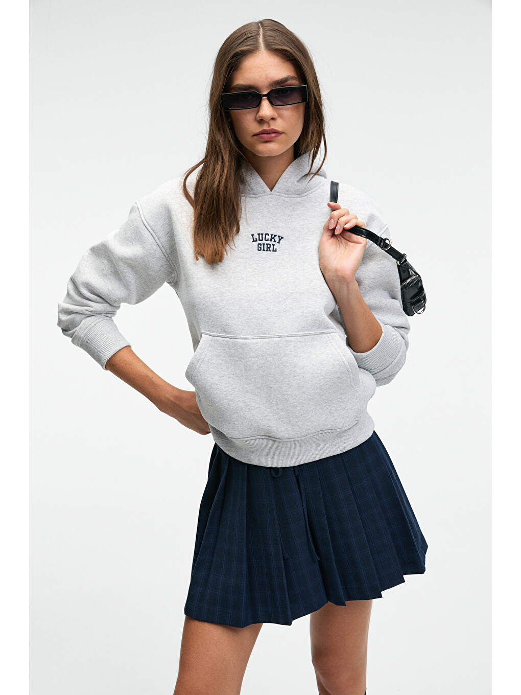 Yumea Kadın Oversize Kapüşonlu Baskılı Gri Melanj Sweatshirt-4