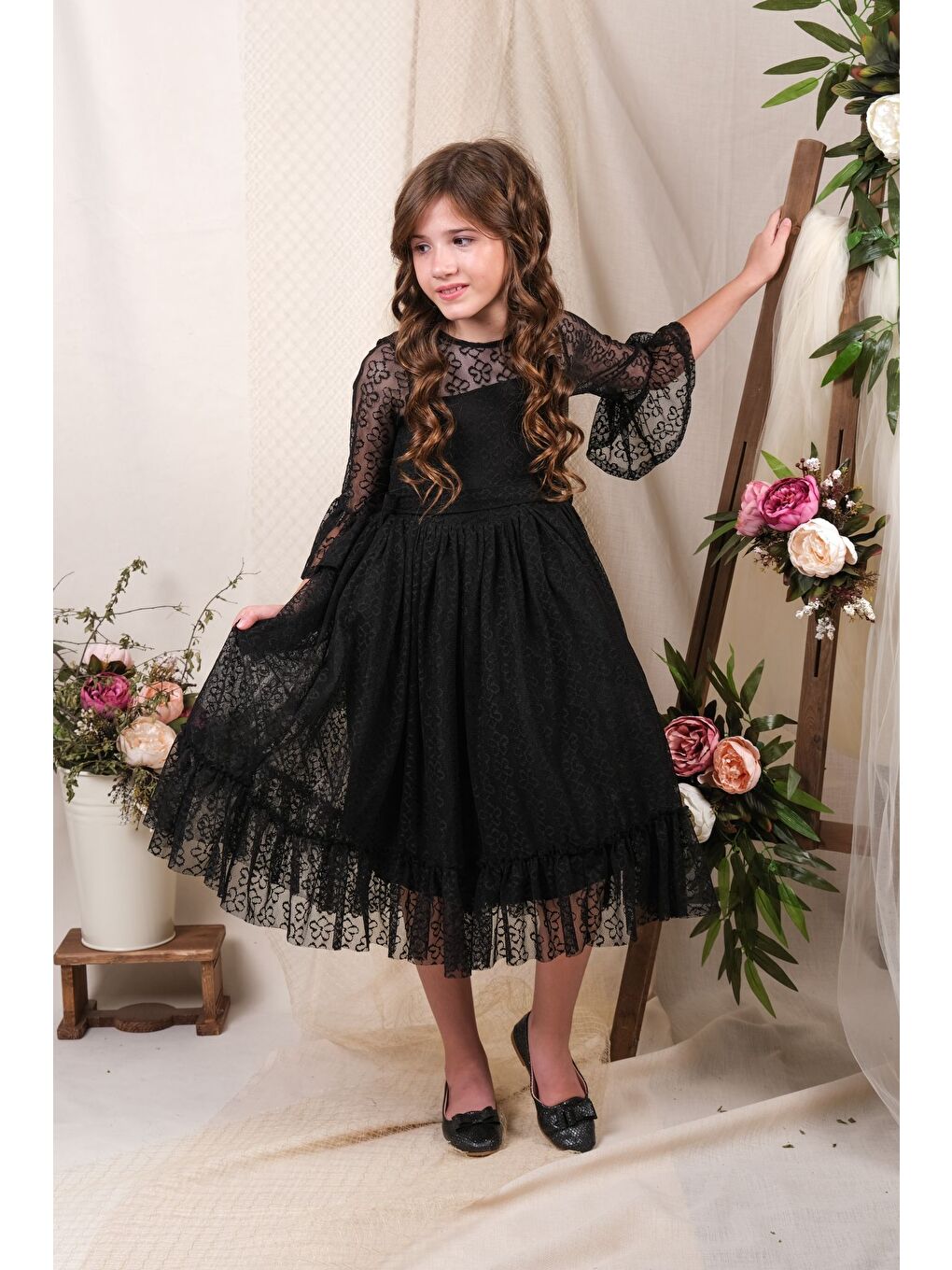 Siyah Uzun Kol Dantel Makri Kız Çocuk Elbise MNK0600-1