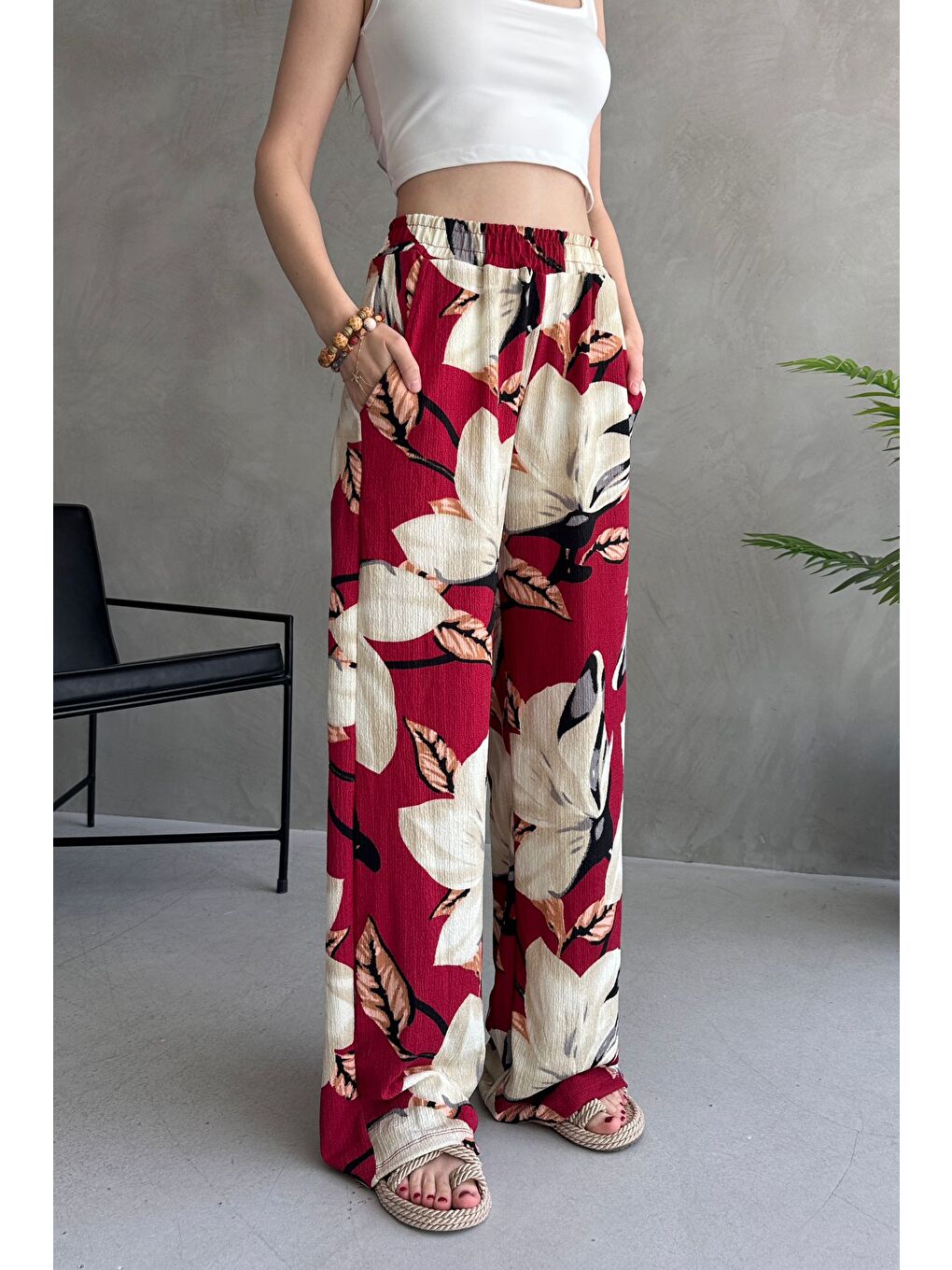 Çiçek Desenli Bol Pantolon Bordo - 27237-3