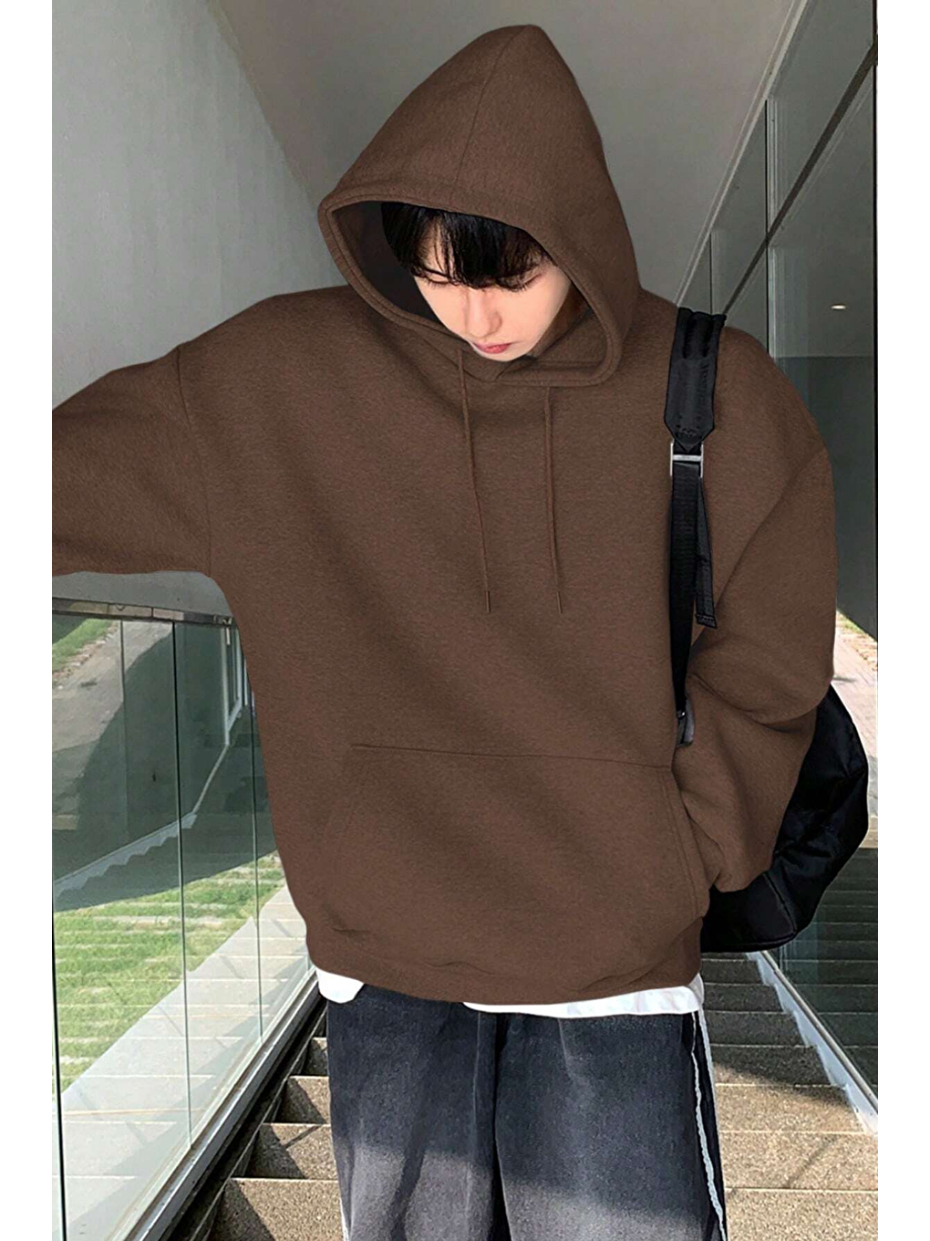 Kahverengi Erkek Sweatshirt Kanguru Cepli İçi Polarlı 3 İplik Kapüşonlu Oversize Sweatshirt KANGU-4