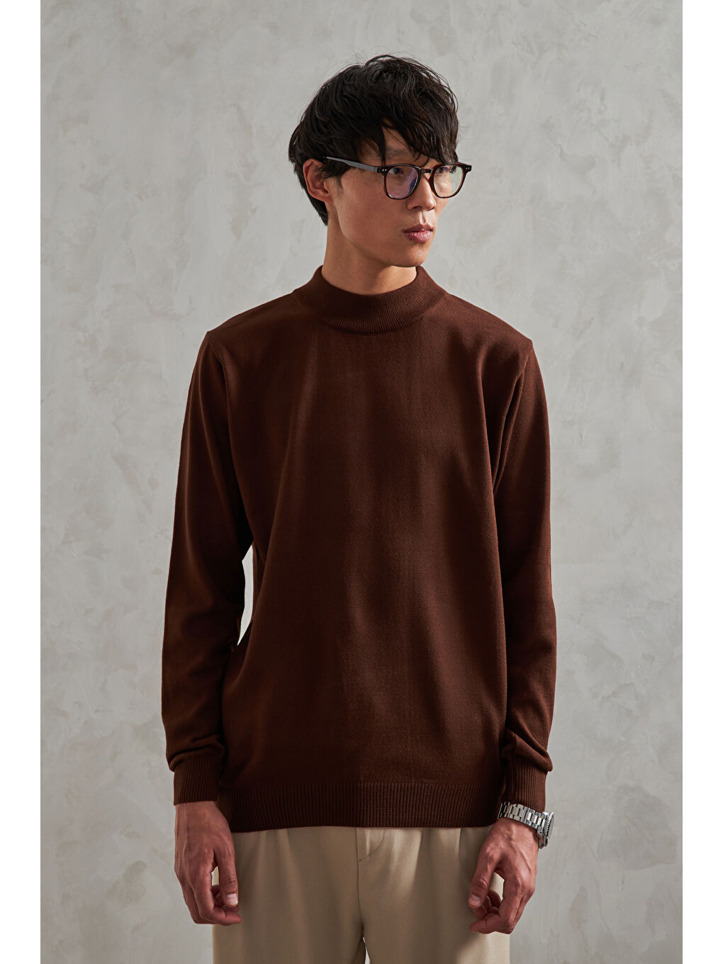 Kahverengi Erkek Yarım Balıkçı Oversize Basıc Triko Kazak-3