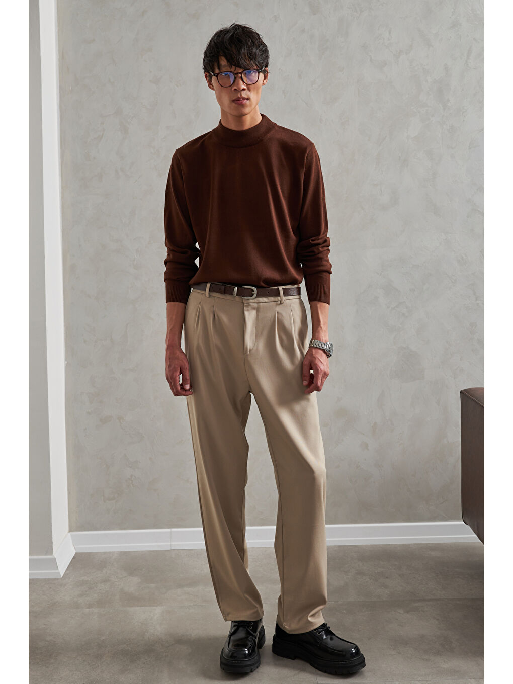 Kahverengi Erkek Yarım Balıkçı Oversize Basıc Triko Kazak-4