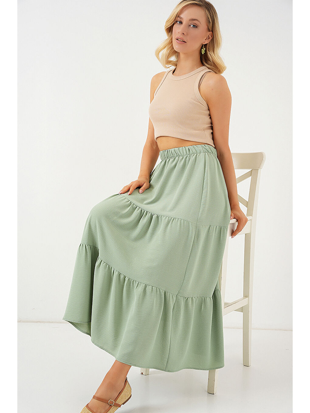 Yeşil Kadın Ayrobin Uzun Etek 8048 - Mint-1