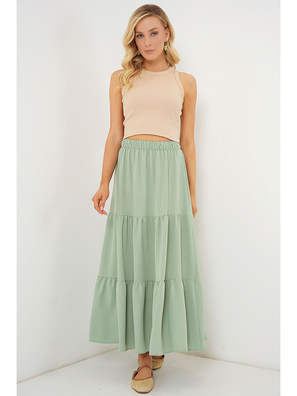Yeşil Kadın Ayrobin Uzun Etek 8048 - Mint-3
