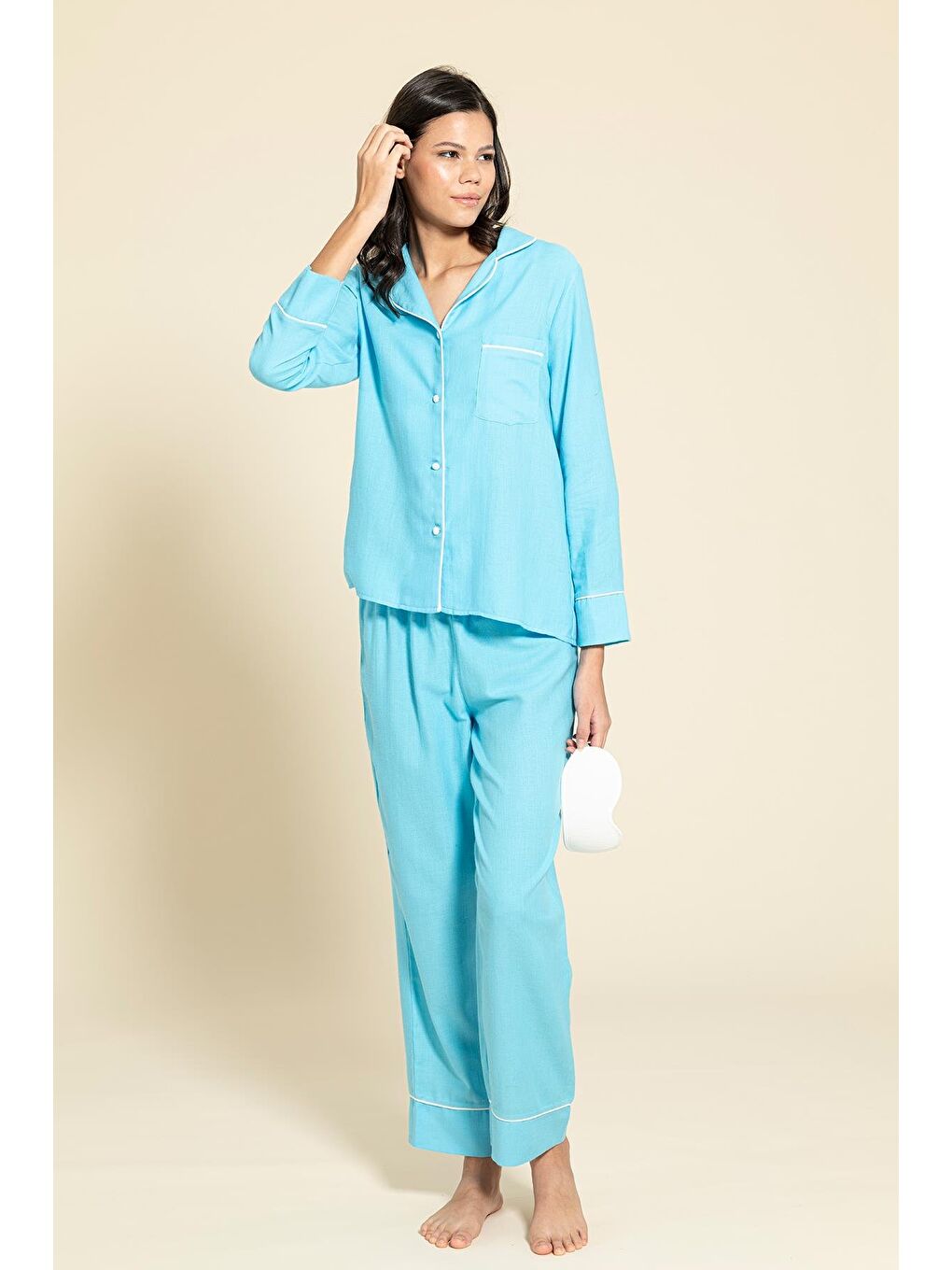 For You Moda 3'Lü Organik Beyaz Biyeli Mavi Pijama Takımı