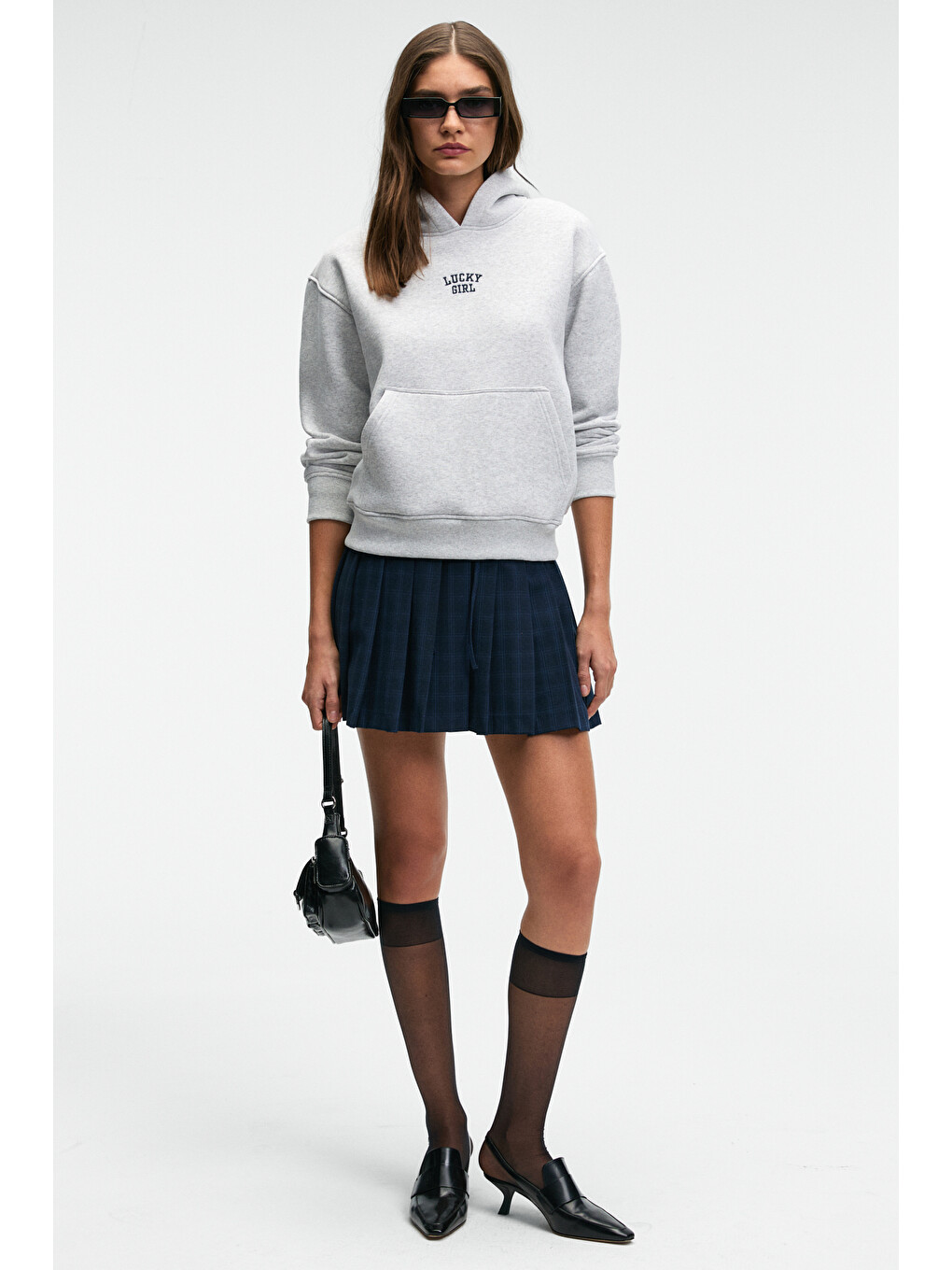 Yumea Kadın Oversize Kapüşonlu Baskılı Gri Melanj Sweatshirt-5