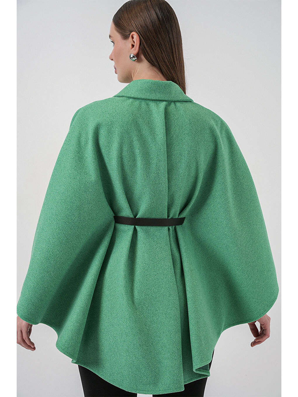 Kadın Kemerli Kaşe Panço 9170 - Yeşil-5