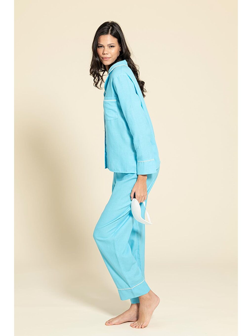 For You Moda 3'Lü Organik Beyaz Biyeli Mavi Pijama Takımı - 2