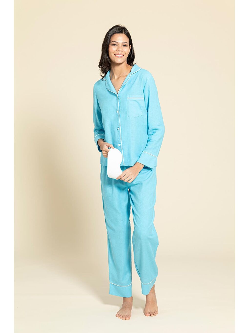 For You Moda 3'Lü Organik Beyaz Biyeli Mavi Pijama Takımı - 3