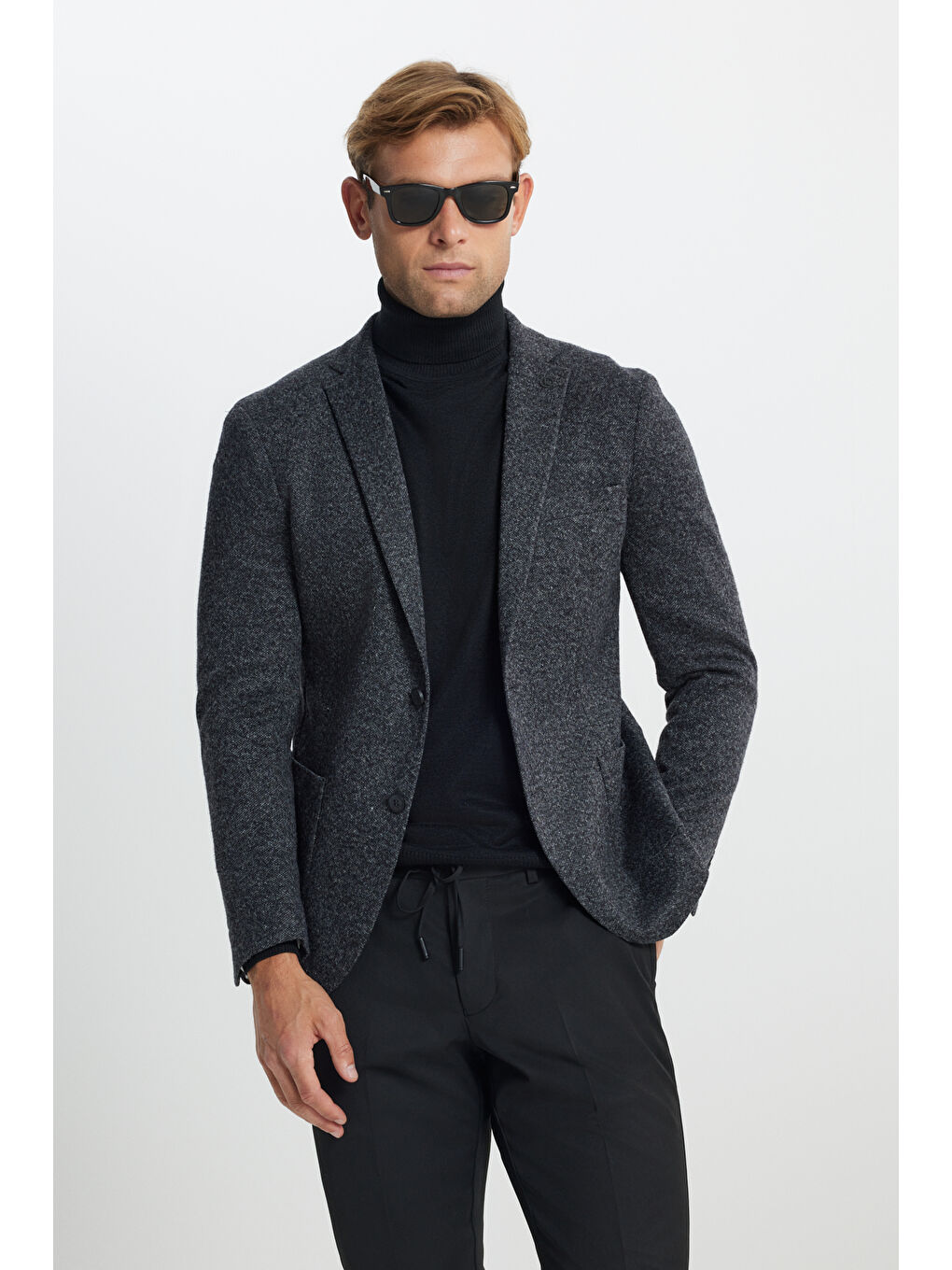 Erkek Siyah Slim Fit Dar Kesim Mono Yaka Yünlü Desenli Torba Cepli Ceket