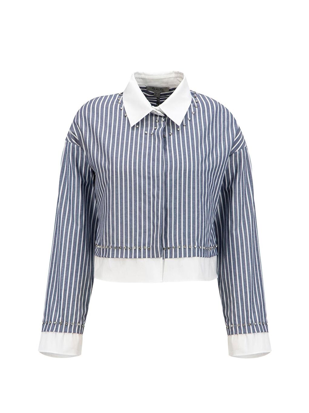 Taş İşlemeli Çizgili Gömlek 25Yd3728 Lacivert