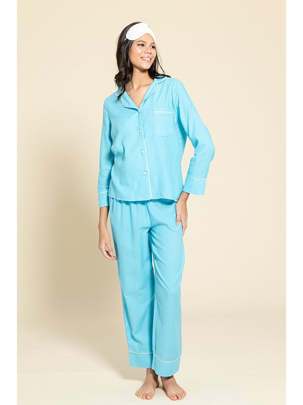 For You Moda 3'Lü Organik Beyaz Biyeli Mavi Pijama Takımı - 4