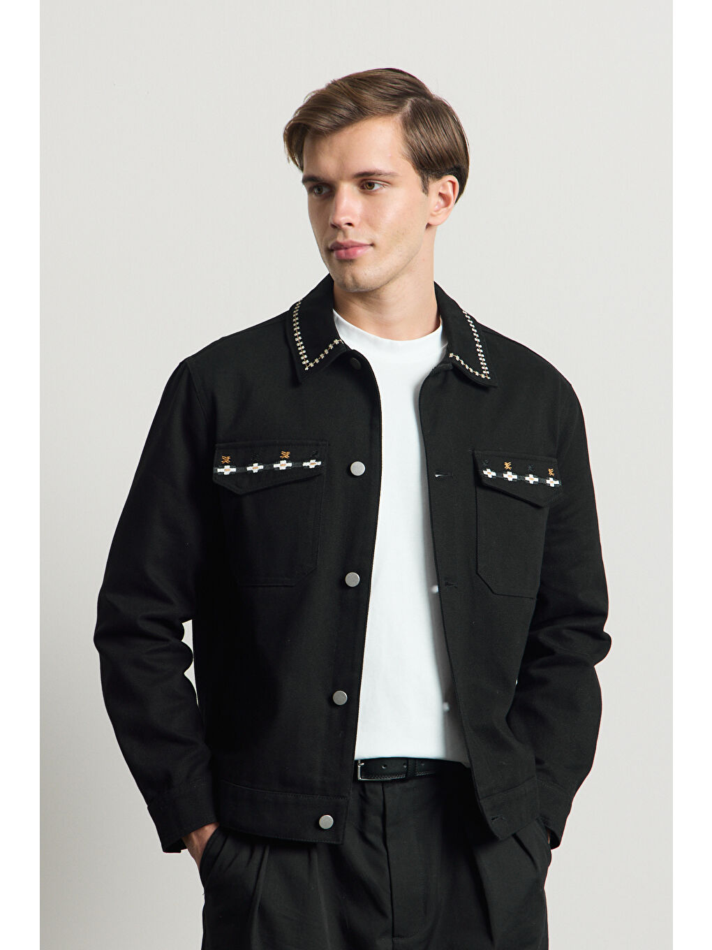 Erkek Nakışlı Denim Ceket Siyah