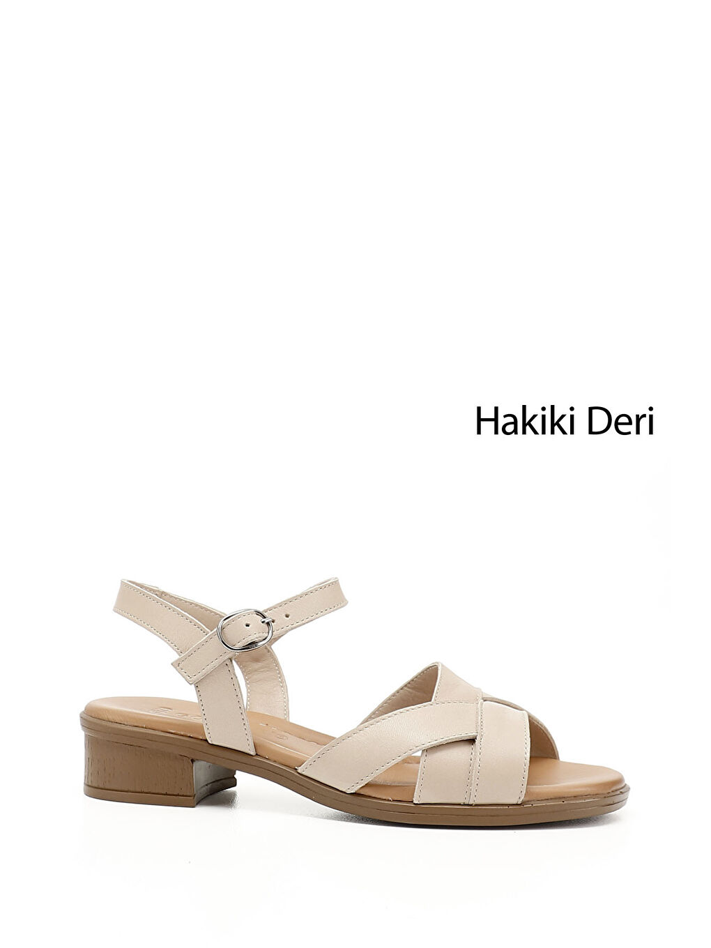 Bej Kadın BEJ-TEN RENGİ Kısa Kalın Topuklu Hakiki Deri Sandalet