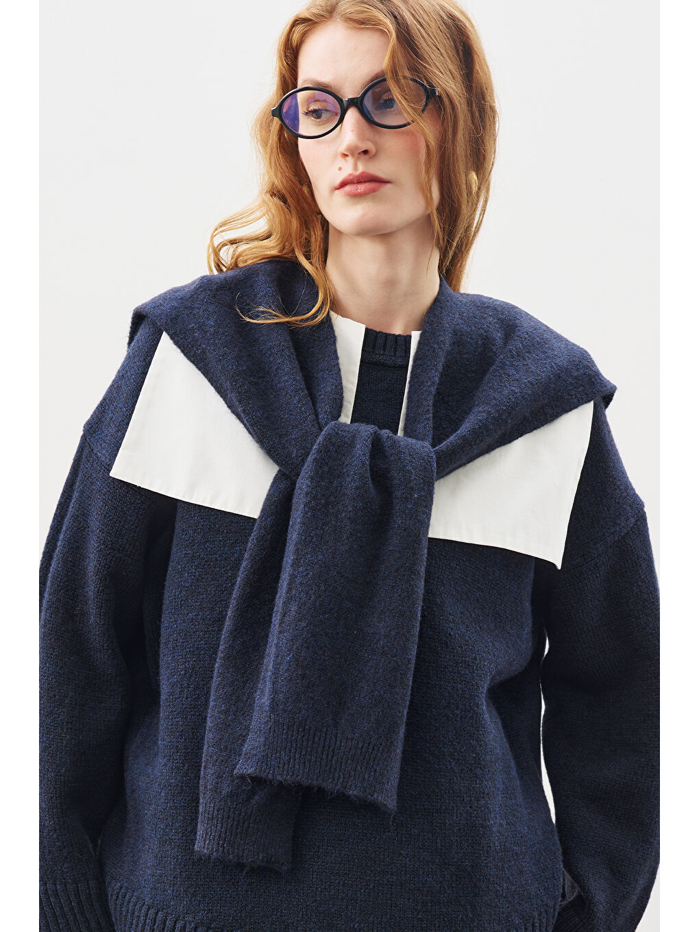 Kare Yaka Bağlamalı Triko Atkı Lacivert-3