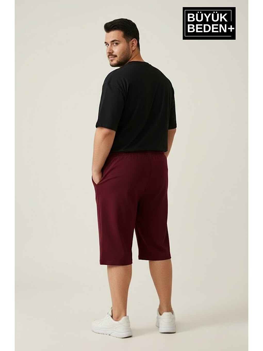 Bordo Büyük Beden Erkek 3XL-6XL Rahat Kalıp Cepli Brooklyn 1970 Baskılı Penye Kapri Şort SPR26BSR591-03-1