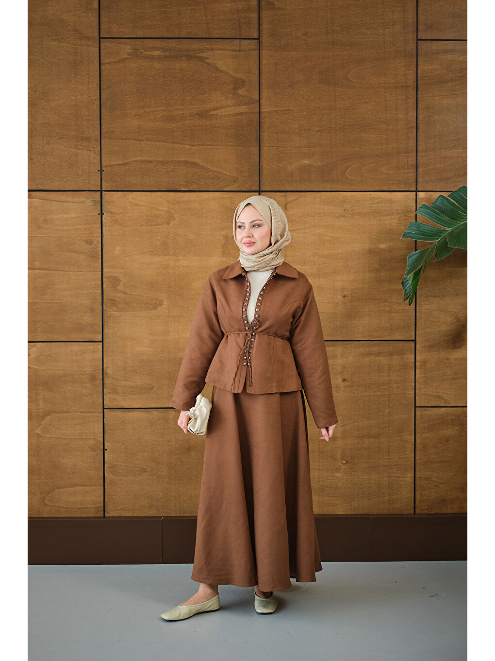 Kadın Bluz Kancalı Nubuk Takım Kahverengi