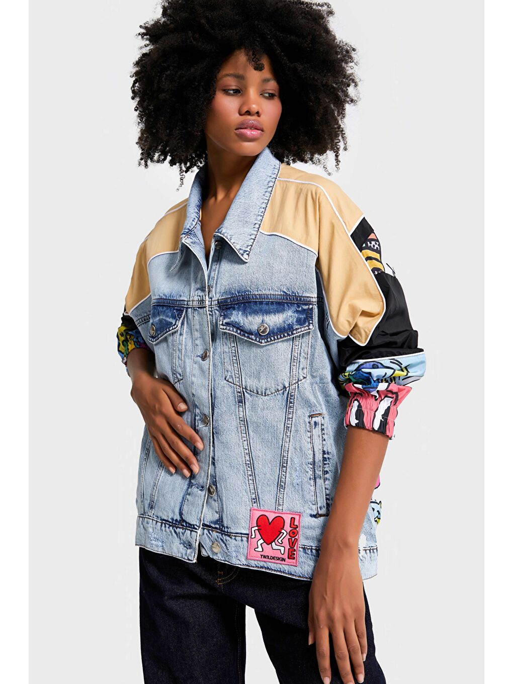 Mavi Kadın Jean Rengi Oversize Renkli Baskılı Özel Tasarım Denim Ceket-3