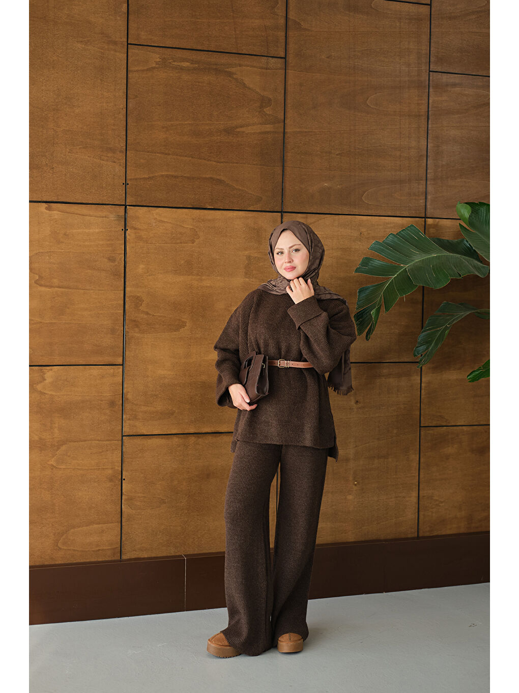 Kadın Beli Lastikli Triko Takım Kahverengi-1