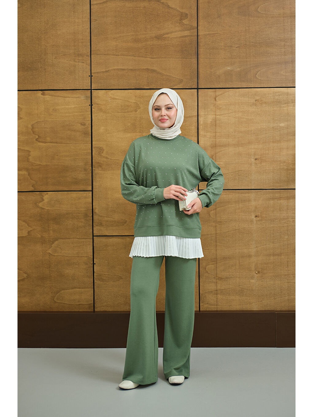 Kadın Beli Pileli Taşlı İkili Takım Yeşil-1
